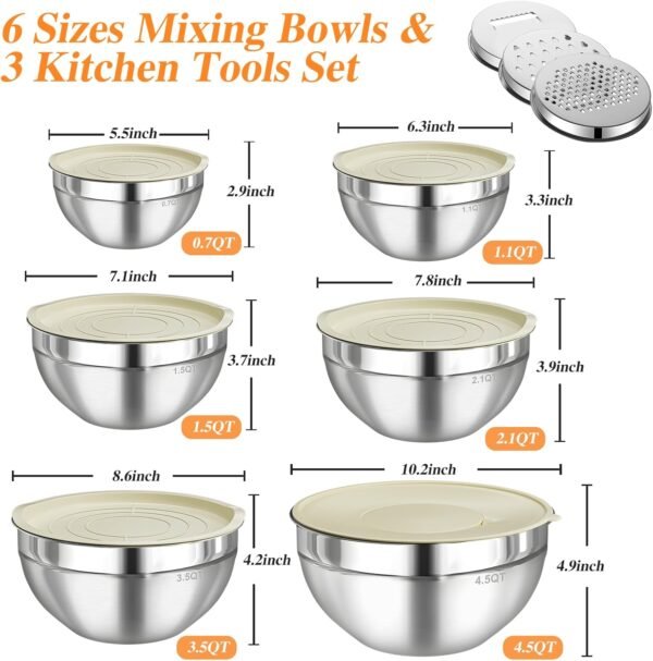 Mixing Bowls with Lids Set, 6 PCS Stainless Steel Mixing Bow... - Image 5