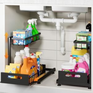 2 Pack Under Sink Organizer Storage 2-Tier Premium Metal Pul...