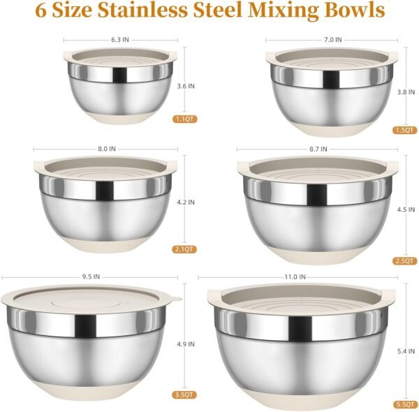 Mixing Bowls with Lids Set, 6 Piece Stainless Steel Nesting ... - Image 2