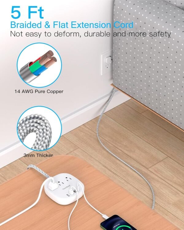 Flat Plug Power Strip, 5ft Ultra Flat Extension Cord - 3 Out... - Image 6