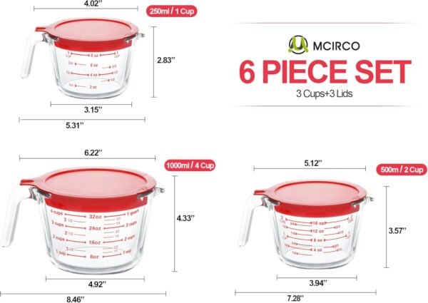 M MCIRCO 6 Pcs Glass Measuring Cups with Lids Set, 1-Cup, 2-... - Image 2