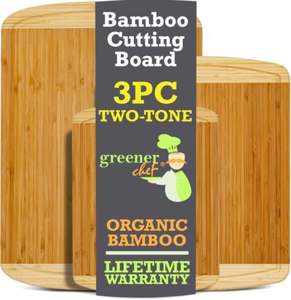 GREENER CHEF Organic Bamboo Cutting Board Set of 3 with Life...
