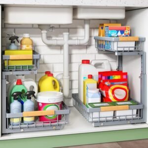 Under Sink Organizer, 2 Packs 2 Tier Under Sink Organizers a...