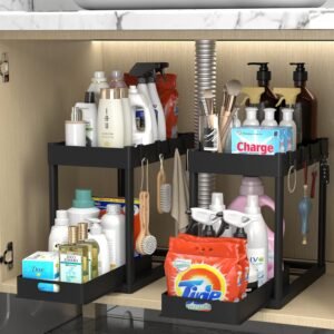 2PC Under Sink Organizer Rack 2 Tier Under Sliding Cabinet B...