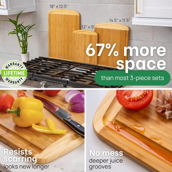 GREENER CHEF Organic Bamboo Cutting Board Set of 3 with Life... - Image 3