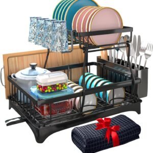 Dish Drying Rack, 2-Tier Dish Rack with Auto-Drain & Mat, Di...