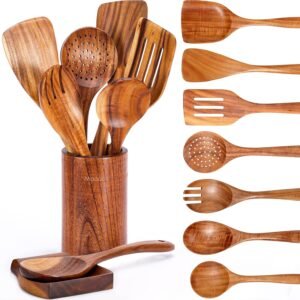 9 Piece Natural Teak Wooden Kitchen Utensil Set with Spoon R...