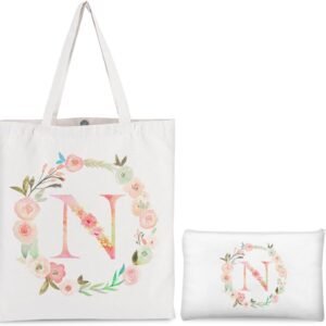 Personalized Initial Canvas Tote Bag with Cosmetic Bag, Flor...
