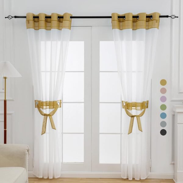 L.Z.E White and Gold Sheer Curtains 84 Inches Long 2 Panels ...