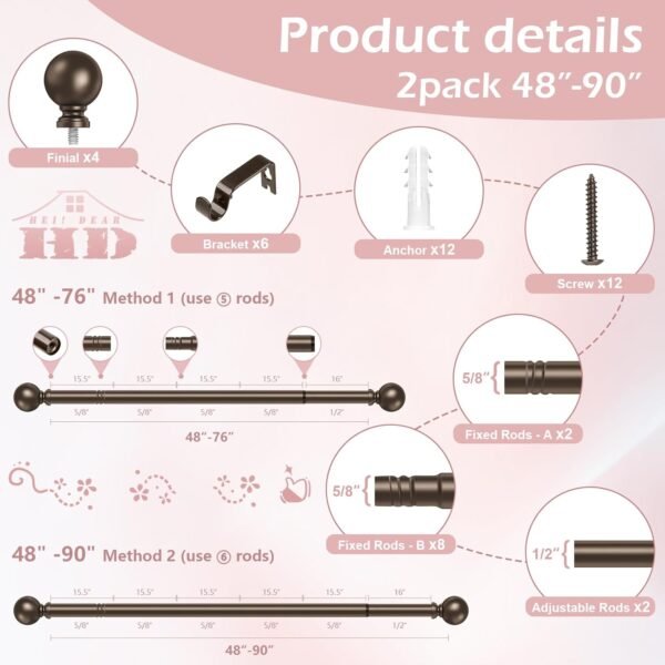 Hei!Dear 2 Pack Bronze Curtain Rods for window 48 to 84 Inch... - Image 5