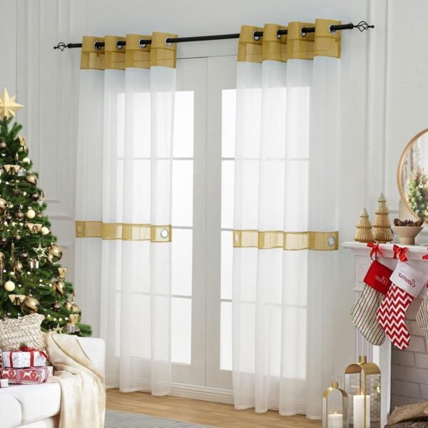 L.Z.E White and Gold Sheer Curtains 84 Inches Long 2 Panels ... - Image 9