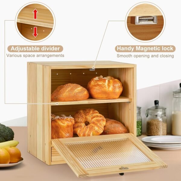 Sunhoo Bread Box for Kitchen Countertop Bin 2 Layer Wooden B... - Image 2