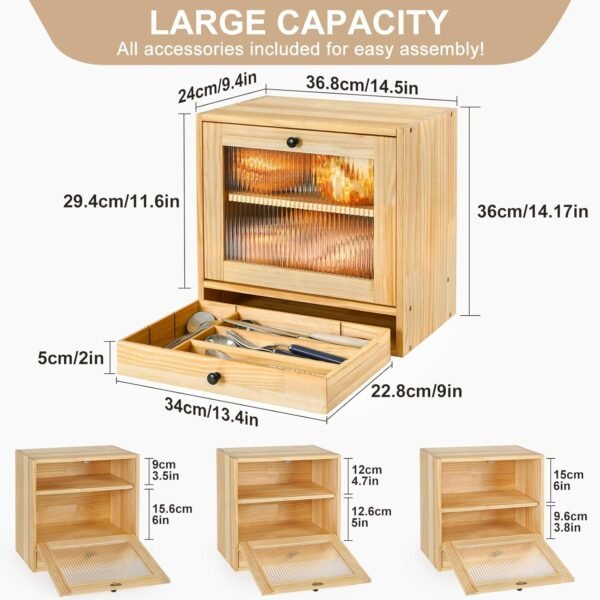 Sunhoo Bread Box for Kitchen Countertop Bin 2 Layer Wooden B... - Image 4