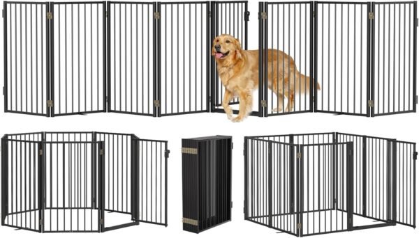 Metal Freestanding Dog Gates with Door for Outdoor Indoor,16...