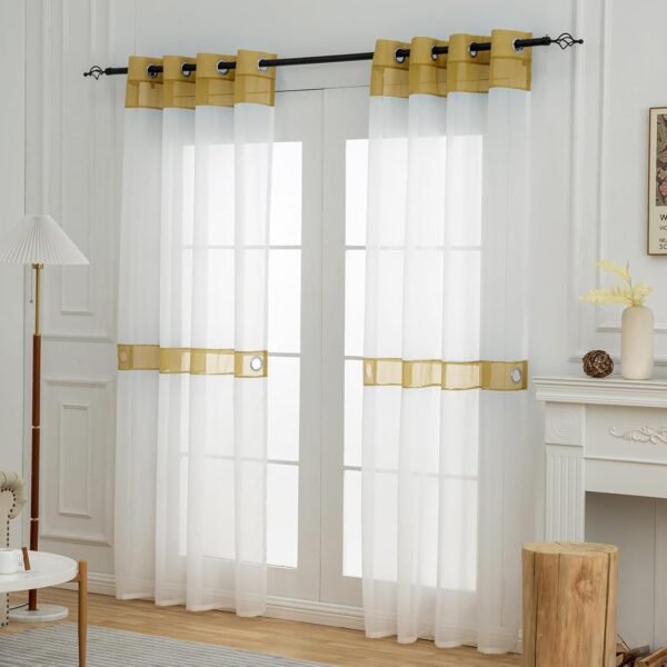 L.Z.E White and Gold Sheer Curtains 84 Inches Long 2 Panels ... - Image 2