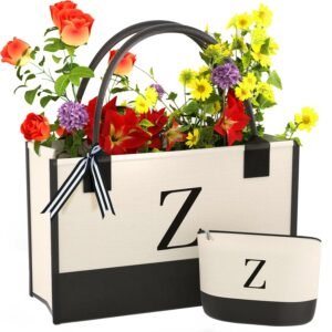 Monogrammed Canvas Tote Bag with Zipper Pockets - Ideal Gift...